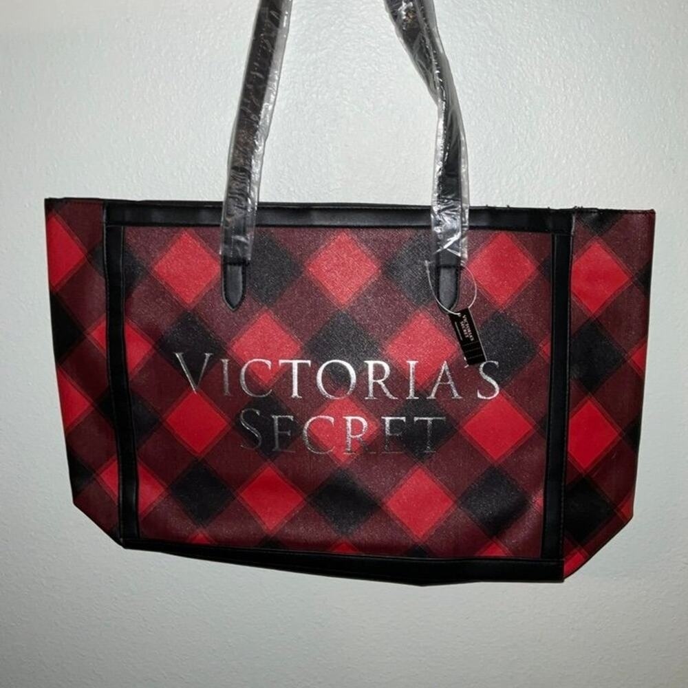Victoria Secret Tote Bag Red Silver Black Plaid Limited Edition victorias secret